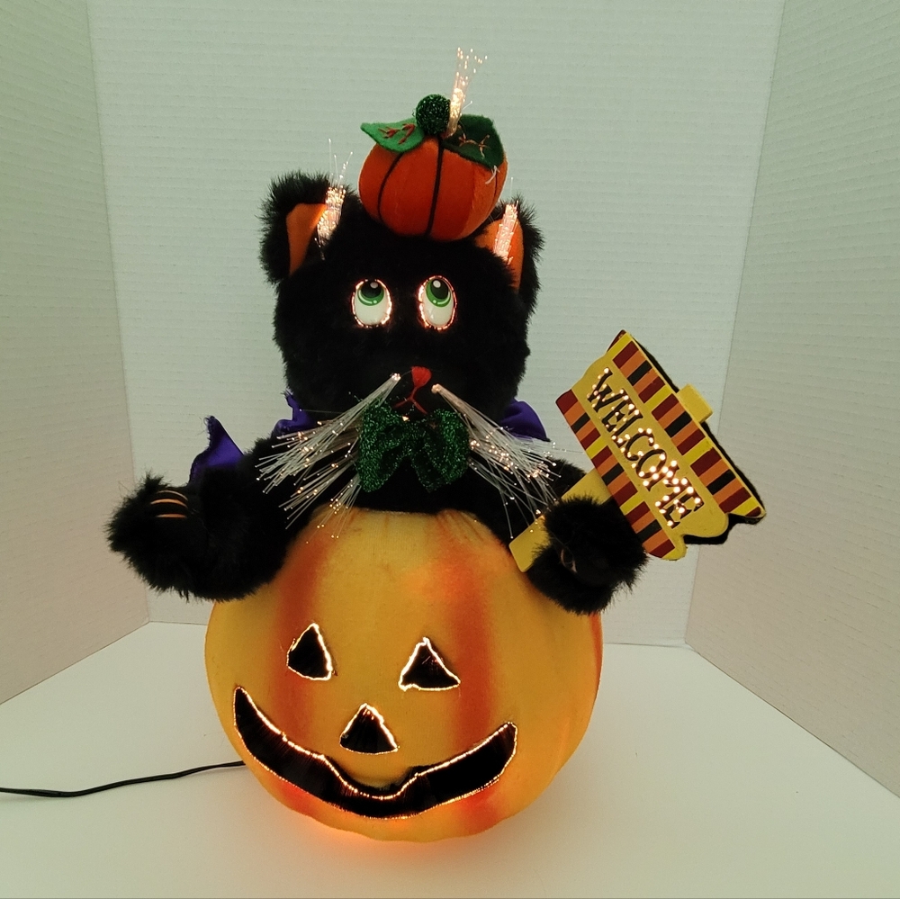 Halloween Fiber Optic Black Cat Pumpkin Jack O Lantern Light Up Decoration 13"